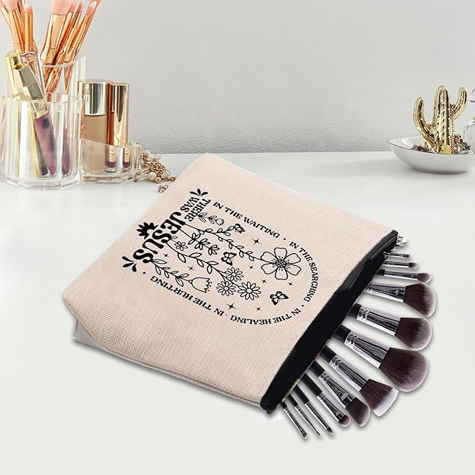 Boho Floral Christian Makeup Bag, Christian Gifts for Women, Bible Stuff Prayer Supplies, There Was Jesus Cosmetic Bag Pouch