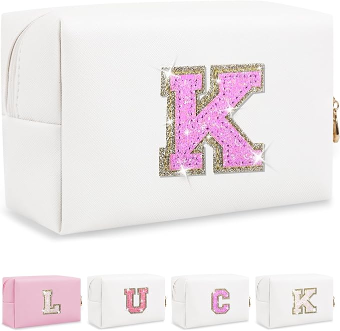 Initial Letter Patch Makeup Bag, Small Preppy A-Z Glitter Letter Cosmetic Bag, PU Leather Waterproof Travel Toiletry Bag, Cute Make Up Pouch Personalized Monogrammed Gift for Women Teen Girls
