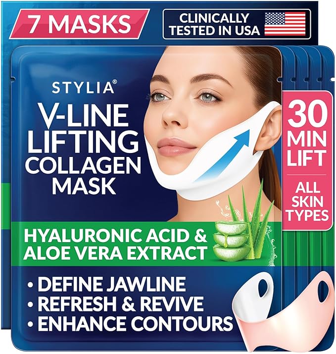 Stylia V Line Lifting Collagen Mask - Lift, Firm & Contour Jawline - Tightening Double Chin Strap with Hyaluronic Acid & Aloe - Neck Lift & Face Tightening Mask - Jawline Shaper Face Lift Tape (7PC)