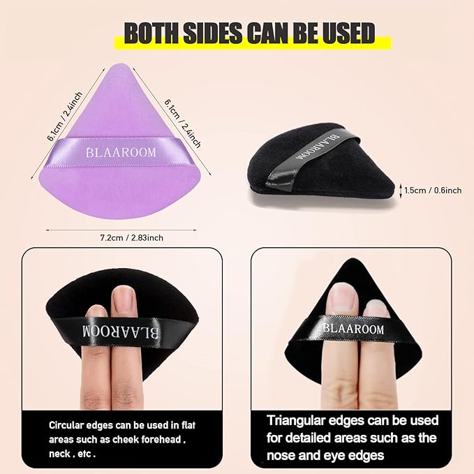 BLAAROOM 12 Pieces Velour Pure Cotton Powder Puff Face Makeup Triangle Powder Puffs for Loose Powder Wet Dry Cosmetic Foundation Beauty Sponge Makeup Tools -Black & Purple