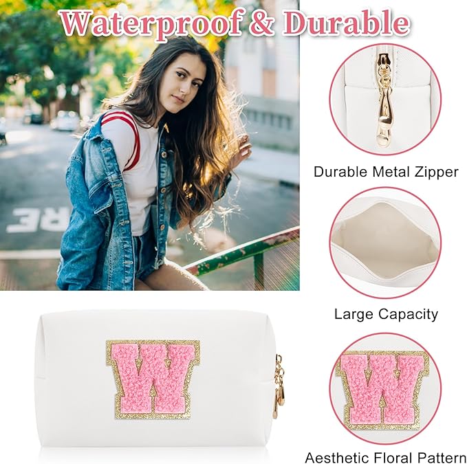 Personalized Initial Letter Patch Makeup Bag, Preppy Portable Chenille Cosmetic Bag with Zipper, PU Leather Waterproof Travel Toiletry Bag Monogram Make Up Pouch for Women Girls
