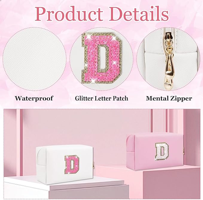 Small Personalized Glitter Initial Letter Makeup Bag, Cute PU Leather Chenille Letters Cosmetic Bag Travel Makeup Pouch, Preppy Travel Organizer Zipper Pouch for Women&Girls（WhiteRosePink-D）