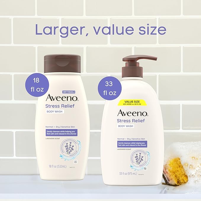 Aveeno Stress Relief Body Wash for Women, Calming Lavender Scent & Prebiotic Oat, Cleanser for Sensitive Dry Skin, Paraben, Dye & Soap-Free, 33 Fl Oz