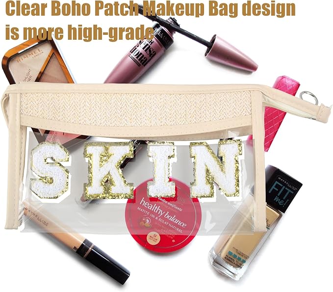 Clear Boho Patch Makeup Bag, Letter STUFF Cosmetic Bag, Transparent Travel Toiletry Bag, Waterproof Snacks Bag, Zipper Sunscreen Bag Gift for Women Girls (Stuff)
