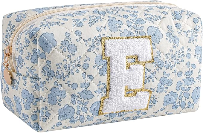 Gleyemor Personalized Initial Makeup Bag for Women, Cute Quilted Blue Floral Cotton Cosmetic Bag, Christmas Gifts for Her Mom Friend Sister Bridesmaid Teacher Women E