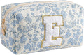 Gleyemor Personalized Initial Makeup Bag for Women, Cute Quilted Blue Floral Cotton Cosmetic Bag, Christmas Gifts for Her Mom Friend Sister Bridesmaid Teacher Women E