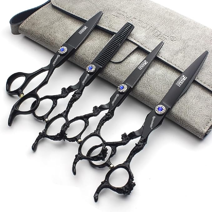 6+7 inch hair stylist barber scissors black plate dragon 440C hairdressing cutting scissors+thinning scissors (4PC)