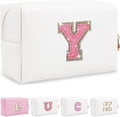 Initial Letter Patch Makeup Bag, Preppy Glitter Pouch Cosmetic Bag, Small PU Travel Toiletry Bag Zipper, Personalized Monogrammed Gift for Friends, Sisters & Teens (Letter Y)