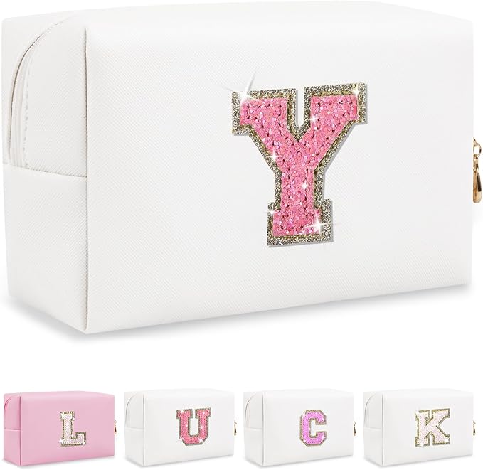 Initial Letter Patch Makeup Bag, Preppy Glitter Pouch Cosmetic Bag, Small PU Travel Toiletry Bag Zipper, Personalized Monogrammed Gift for Friends, Sisters & Teens (Letter Y)