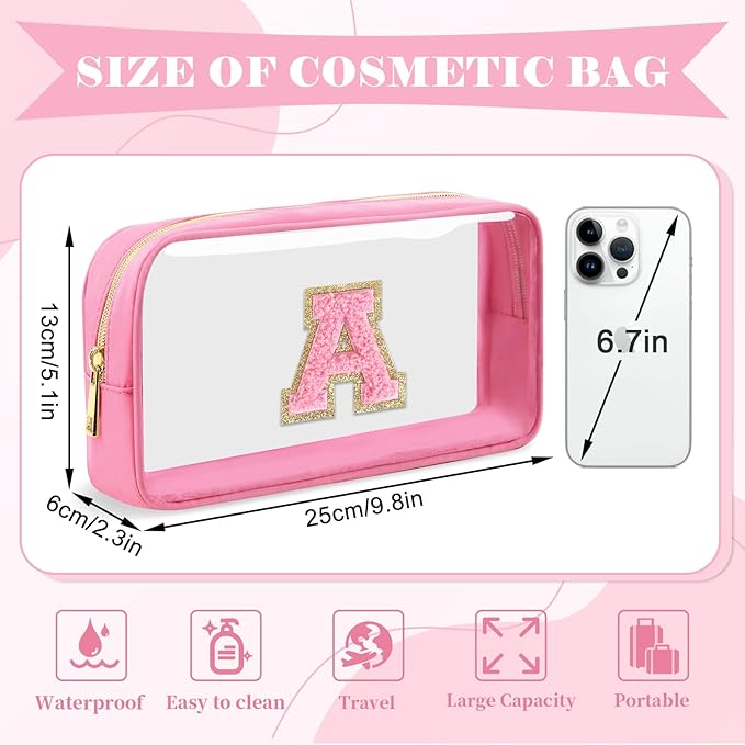 Personalized Initial Letter Clear Makeup Bag,Preppy Small Nylon&PVC Cosmetic Zipper Bag with Chenille Letter,Portable Beach Travel Skincare Toiletry Bag,Trendy Monogram Gift for Teen Girls Women,A