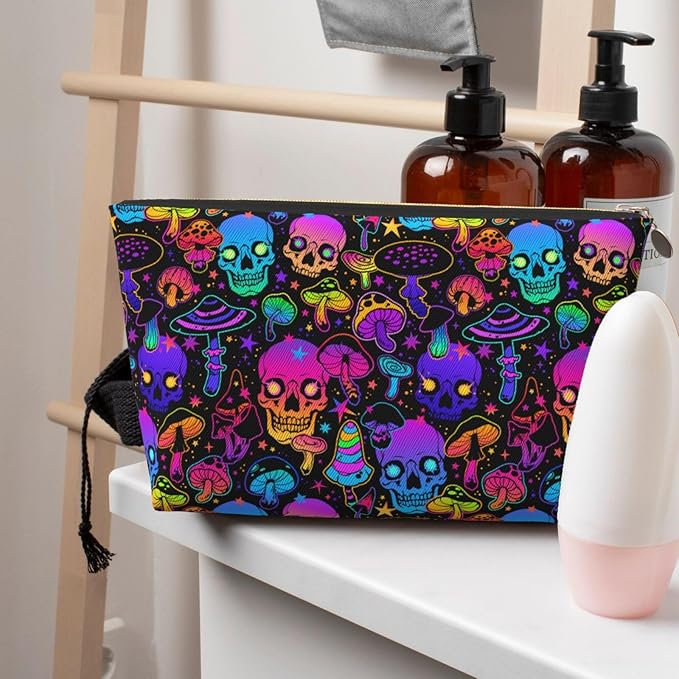 Mushrooms Skulls Small Makeup Bag for Women - Leather Travel Cosmetic Bag Make Up Pouch Mini Travel Zipper Pouch - Makeup Organizer Bag