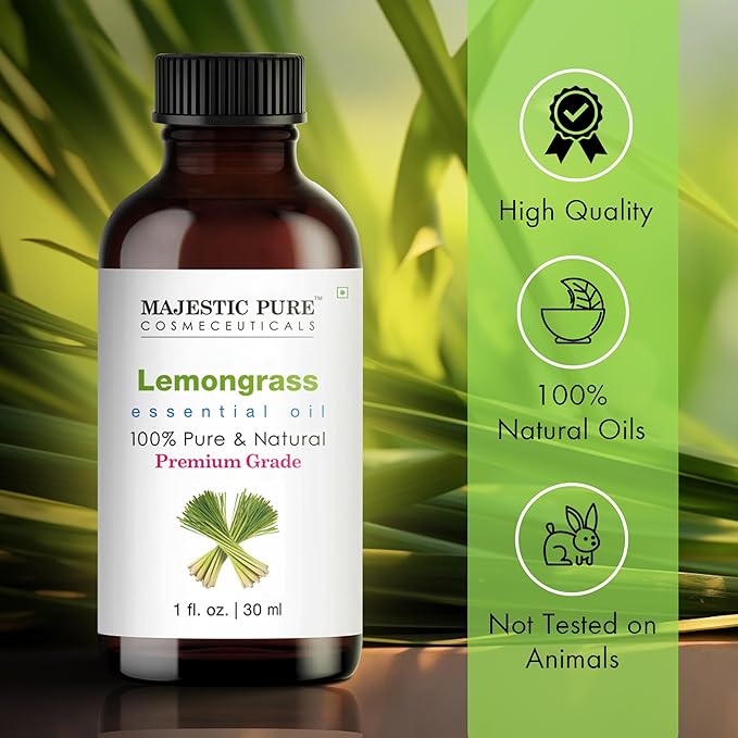 Majestic Pure Lemongrass Essential Oil with Glass Dropper - 1 Fl Oz - 100% Pure and Natural Lemongrass Oil - Premium Grade Essential Oils for Diffuser, Aromatherapy, Soap and Candle Making