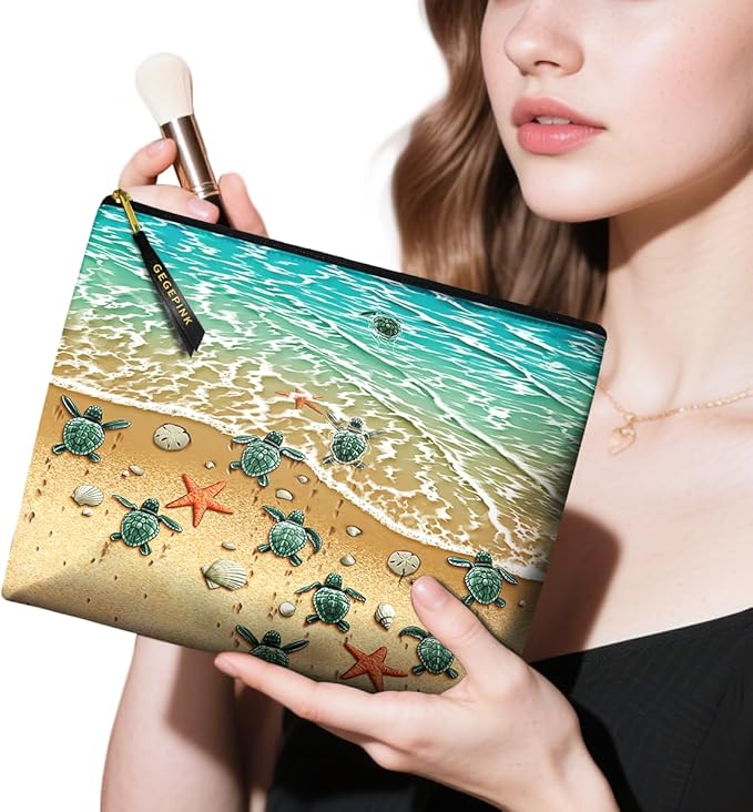 Cute Makeup Bag for Purse Waterproof Cosmetic Bags for Women Funny Smooth Zipper Travel Toiletry Pouch 10X8 Inches-Seashell on Beach Makeup pouch