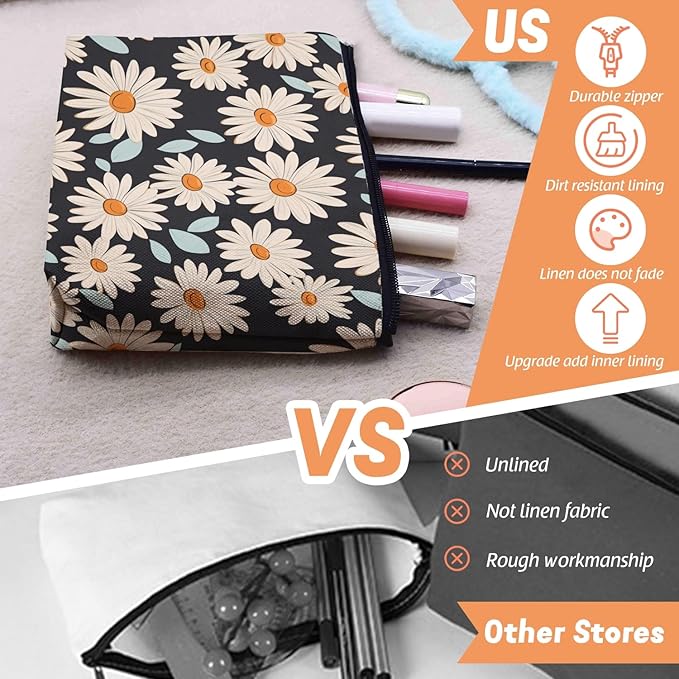 Cosmetic Bags Travel Makeup Toilet Case Waterproof Pouch for Women Girls 6.7X9.45inches - Daisy Pattern With Light Blue Leaves on Black
