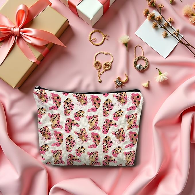 Pink and Gold Cheetah Makeup Bag, Preppy Girly Leopard Print Cosmetic Bags Gifts for Women, Funky Y2k Cheetah Portable Travel Toiletry Bag Zipper Makeup Pouch