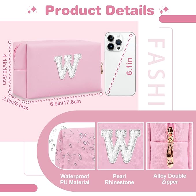 ChaoGreat Bride Gifts – Personalized Initial Makeup Bag with Pearl Rhinestone Patch, Preppy Pink Monogram Cosmetic/Toiletry Pouch, bridesmaid Gifts, Bridal Shower Gifts, Wedding Gifts, Bridal Gifts,W
