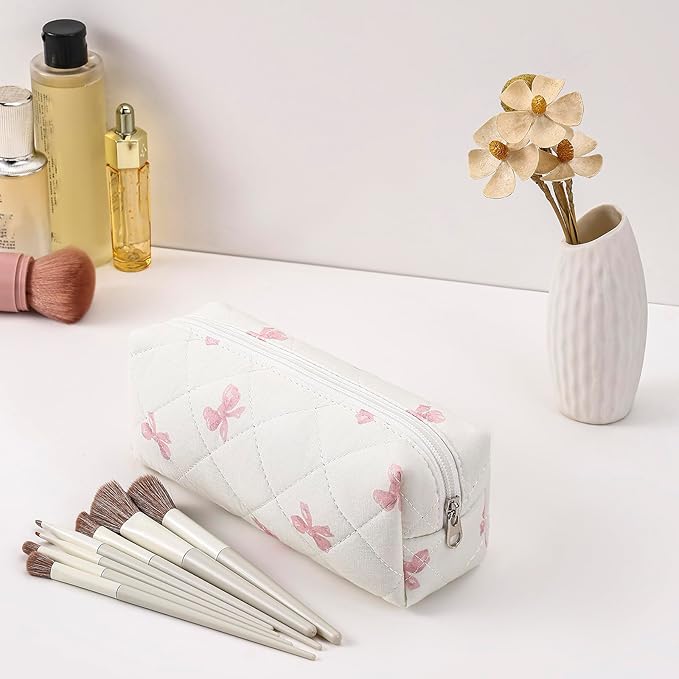 Cute Floral Cotton Makeup Brush Cosmetic Bag for Women, Travel Quilted Zipper Make Up Bag, Flowers Toiletry Organizer Case Kawaii Makeup Cosmetic Travel Cloth Pouch (Pink Bow Tie+Blue Bow Tie)