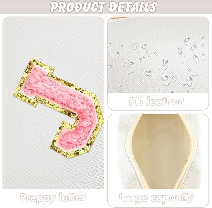 Initial Makeup Bag Personalized Preppy Travel Small Cosmetic Bag Cute PU White Chenille Letter Makeup Pouch for Purse Waterproof Zippered Toiletry Organizer for Women Girls Kids Friends (J)