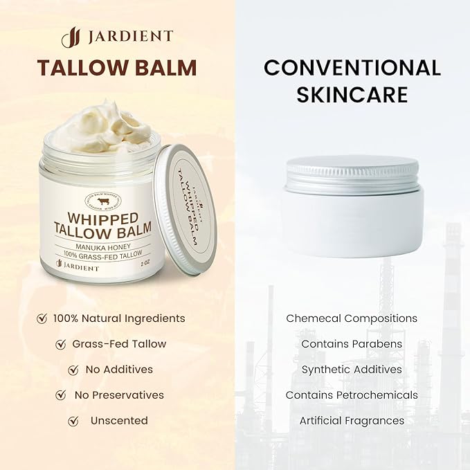 Beef Tallow Honey Balm for Skin: 100% Grass-Fed Beef Tallow Moisturizer For Face and Body - Organic Moisturizer Cream with Olive Oil Manuka Honey for Eczema and Dry Skin 2OZ