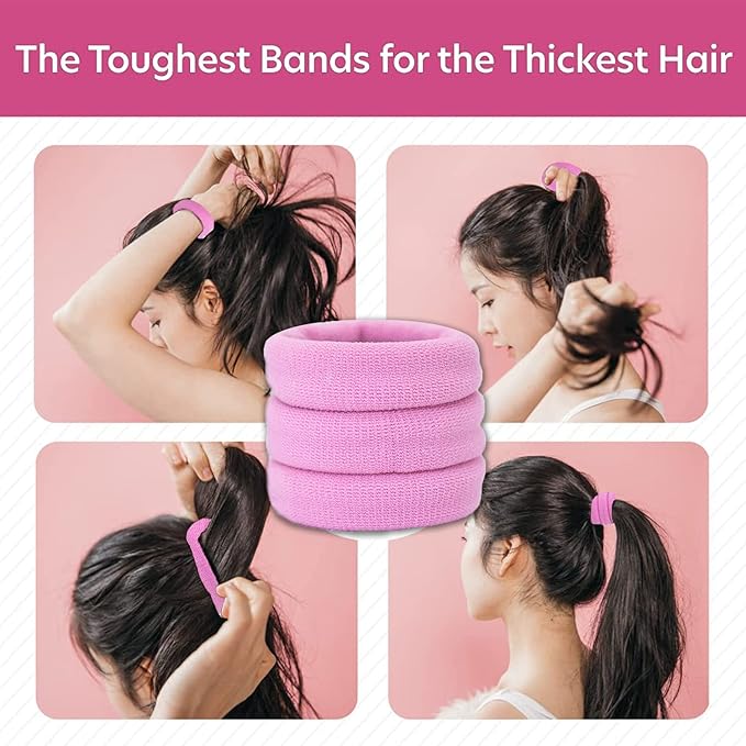 Burlybands Large Hair Ties for Thick, Heavy or Curly Hair - Non-Slip, Non-Damage, Seamless Women's Ponytail Scrunchies - Pink 3 Pcs
