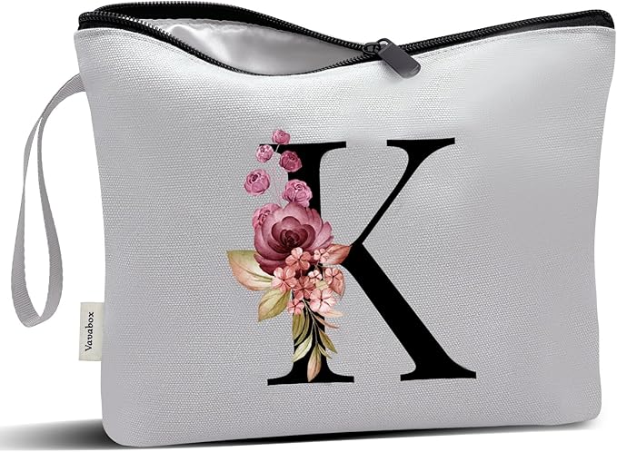 Vavabox A-Z Personalized Makeup Bag, Birthday Gifts for Women Mom, Gifts for Best Friend, Bride Bridesmaid Cosmetic bag (K, Grey)