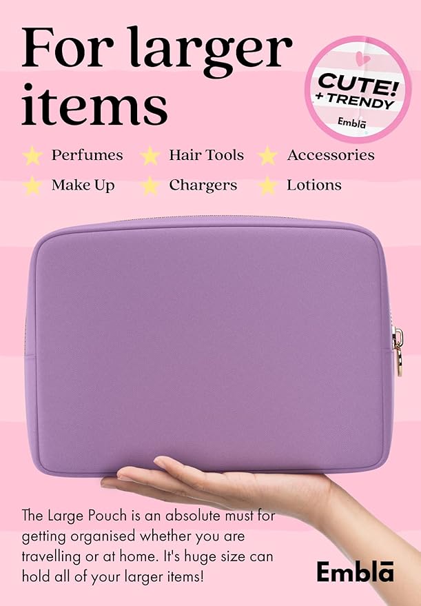 Embla Makeup Bag Travel Cosmetics Pouch and Toiletry Bag, Nylon Zipper Pouch Purse, Cute Make Up Organizer Storage Tote for Women Girls, Waterproof Travel Skincare Case, Large Makeup Bags, Grape