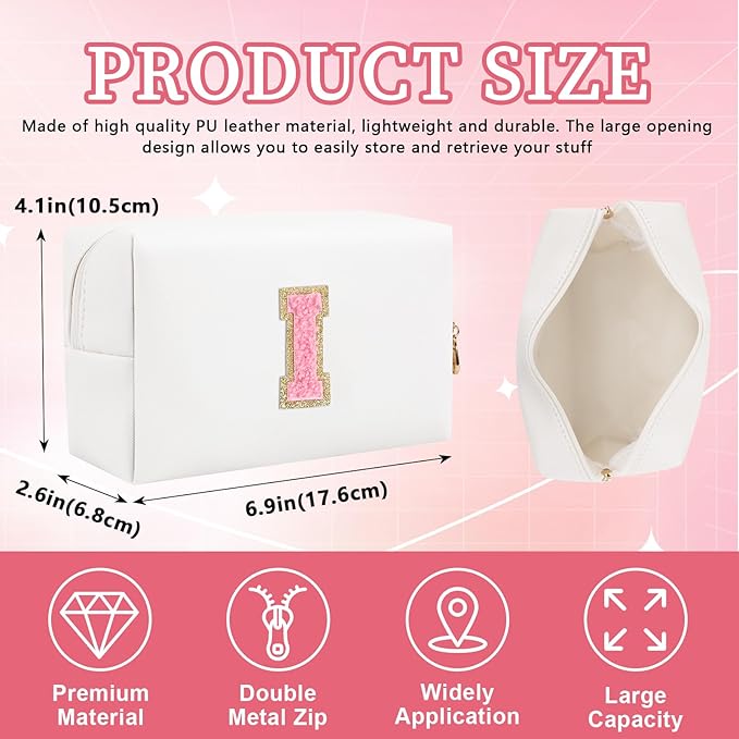 Iqimott Personalized Initial Letter Patch Makeup Bag, Preppy Portable Chenille Letter Cosmetic Bag with Zipper, PU Leather Waterproof Travel Toiletry Bag Monogram Make Up Pouch for Women Girls