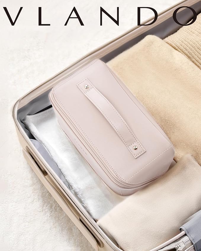 Vlando Makeup Bag,Large Capacity Toiletry Bag for Women Waterproof Portable Make up Pouch PU Leather Open Flat Cosmetic Bag(Light Pink)