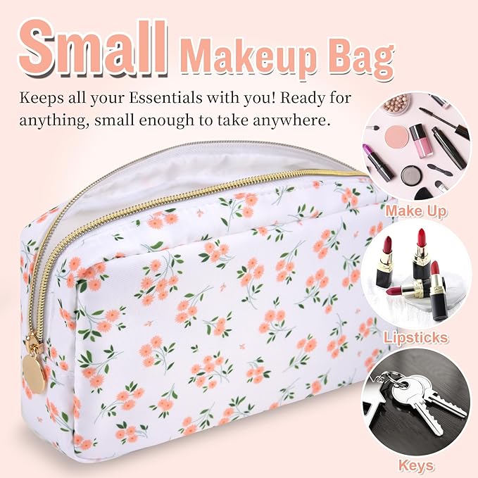 Nylon Small Floral Makeup Bag for Purse, Cute Preppy Travel Makeup Bag Flower Cosmetic Zipper Pouch Purse, Waterproof Toiletry Bag Make Up Organizer Storage Travel Essentials for Women(White-Floral)