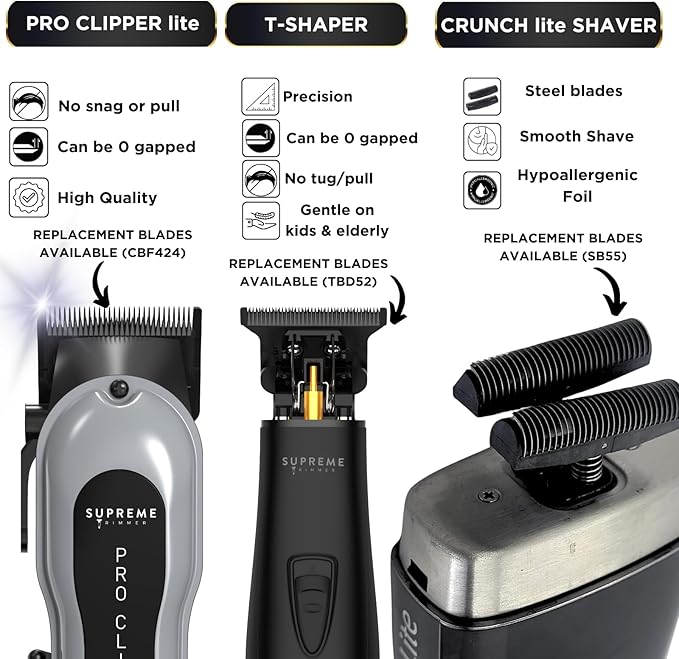 Supreme Trimmer 3-in-1 Barber Bundle | Pro Clipper Lite, DLC T-Shaper Trimmer, Crunch Lite Foil Shaver | Professional Beard Trimmer/Clipper Kit | Value Bundle 1
