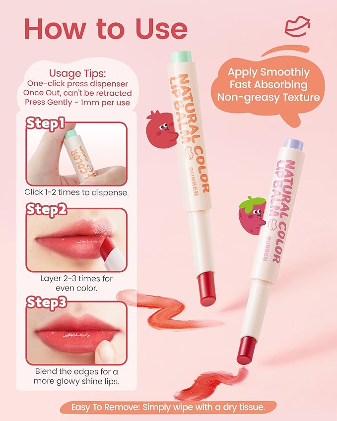 RUNBEN Kids Tinted Lip Balm, Strawberry-Scented Lipstick, 24H Moisturizing, Safe & Non-toxic Lip Gloss for Kids & Teen, Christmas Makeup Gift for Girls, 2g