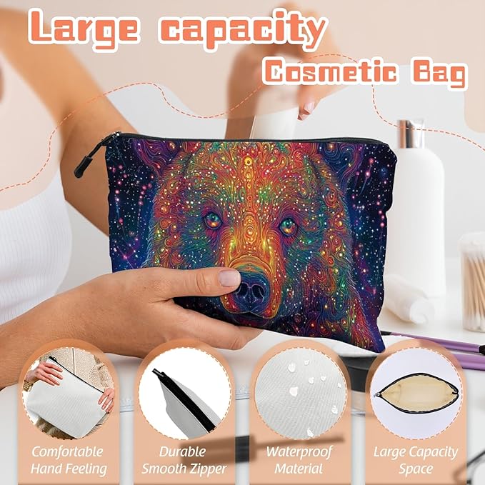 Cosmetic Bags Travel Makeup Toilet Case Waterproof Pouch for Women Girls 6.7X9.45inches - Psychedelic Cosmic Bear