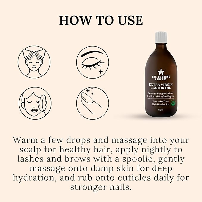Premium Organic Cold-Pressed Castor Oil - 16.9 oz Glass Bottle, Hexane-Free, Small Batch, Extra Virgin, Ethically Sourced for Hair Growth, Skin Care, Lashes, Brows & Castor Oil Packs