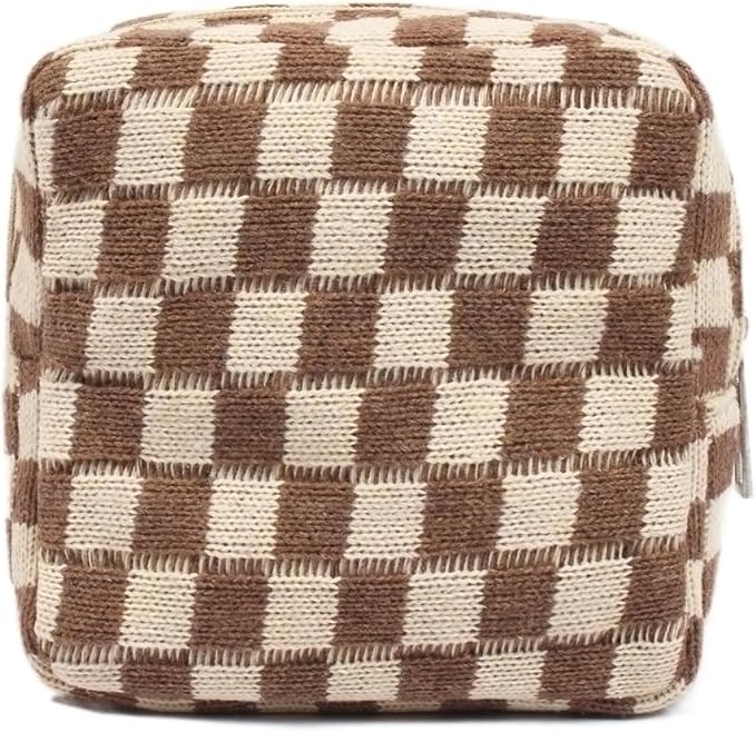 Small Brown Makeup Bag for Purse, Mini Checkered Cosmetic Bag Zipper Cute Make Up Pouch Travel Toiletry Bag Quilted Aesthetic Accessories Makeup Storage Bag Organizer for Women Girls