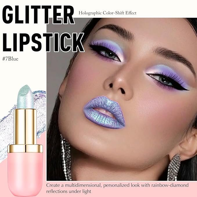 Metallic Blue Lipstick Makeup, Holographic Glitter Lip Stick Long Lasting Lightweight Non-Sticky Hydrating Lip Tinted Full Coverage High-Shine Sparkling Shimmer Lipstick for Women