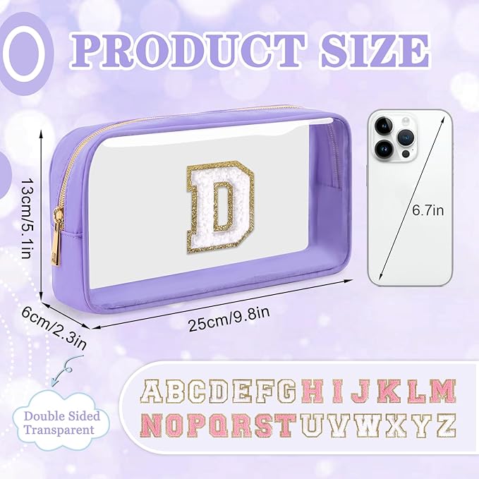 Small Clear Personalized Initial Makeup Bag,Nylon Preppy A-Z Chenille Letter Patch Cosmetic Pouch Beach Toiletry Bag,Waterproof Zip Travel Purse Storage Bag Organizer for Women Girls(Purple-White D)