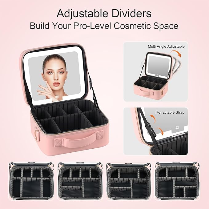 BEAUTY CASE Makeup Case with LED Light Mirror, 10 Inch Portable Travel Cosmetic Organizer Bag with Adjustable Dividers, Rechargeable, Large Capacity, Bright Lighting, Gift for Women Girls, Pink