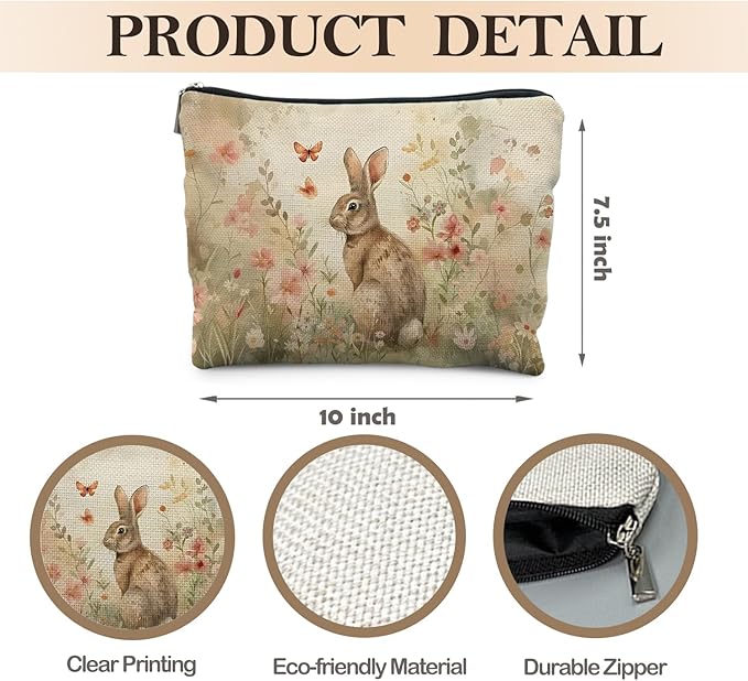 Floral Bunny Makeup Bag, Bunny Gifts for Women, Vintage Wildflower Rabbit Cosmetic Bags for Women, Rabbit Lover Gifts, Cute Animal Zipper Makeup Pouch
