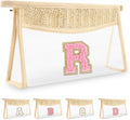 Small Boho Straw Initial Letter Makeup Bag Personalized Gift ,Cute Clear Chenille Patch Makeup Bag With Zipper,Trendy TSA Approved Travel Toiletry Bag,Gift for Women Girls Birthday Friend, Letter R