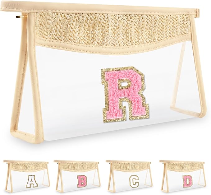 Small Boho Straw Initial Letter Makeup Bag Personalized Gift ,Cute Clear Chenille Patch Makeup Bag With Zipper,Trendy TSA Approved Travel Toiletry Bag,Gift for Women Girls Birthday Friend, Letter R