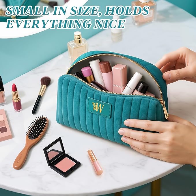 Monogrammed Make Up Bags for Women,Personalized Cosmetic Bags Women,Small Quilted Makeup Pouch,Cute Makeup Bag Travel,Birthday Gifts for Teen Girl (Blue W)