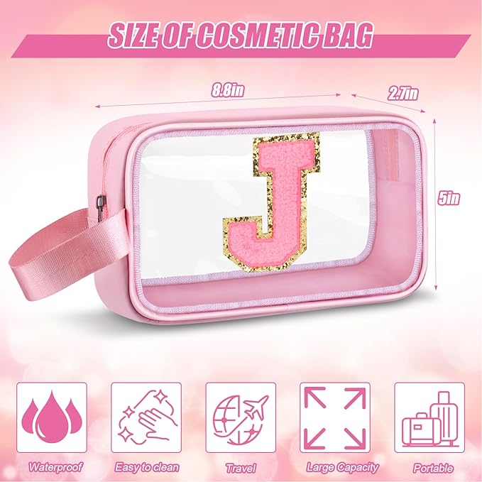 Initial Makeup Bag,Letter J Cute Clear Monogrammed Cosmetic Travel Bag for Womens Girls,Personalized Pink Aesthetic Traveling Make Up Organizer Bag for Beach,Waterproof Toiletry Bag