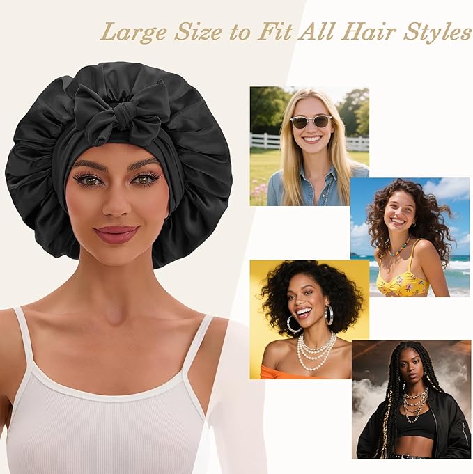 Satin Hair Bonnet for Sleeping Women, Double Layer Silk Bonnets for Women with Tie Band, for Braids Curly Long Hair