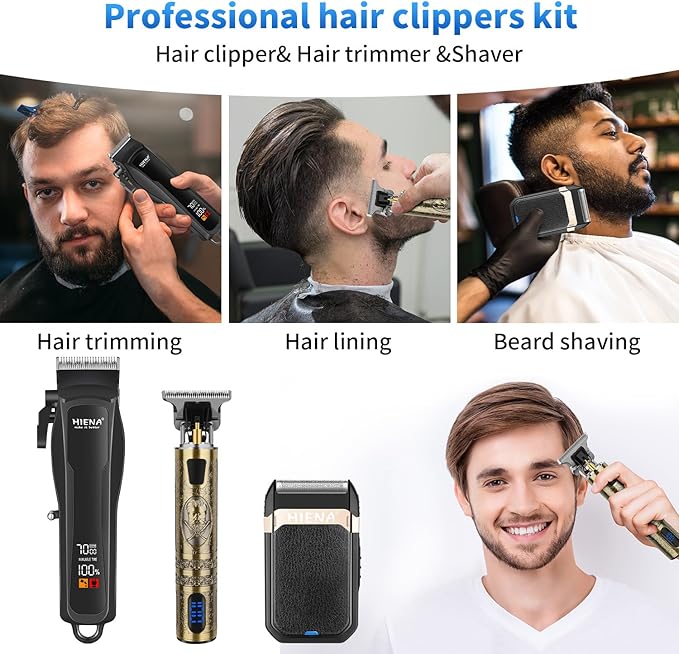 HIENA PRO Professional Cordless Hair Clippers for Men, T-Blade Beard Trimmer & Foil Shaver Set, Barber Clipper Hair Cutting Grooming Kit, Barber kit