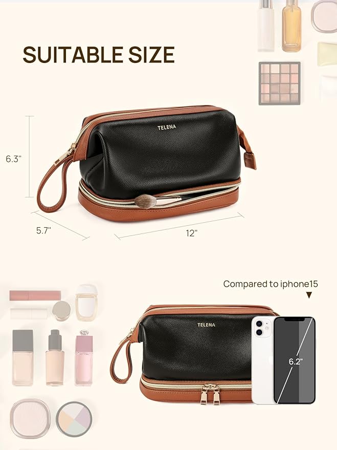 Telena Makeup Bag Large Capacity Travel Cosmetic Bag Portable PU Leather Water Resistant Makeup Organizer Bags for Women with Handle and Divider Open Flat (3-Black with Brown)