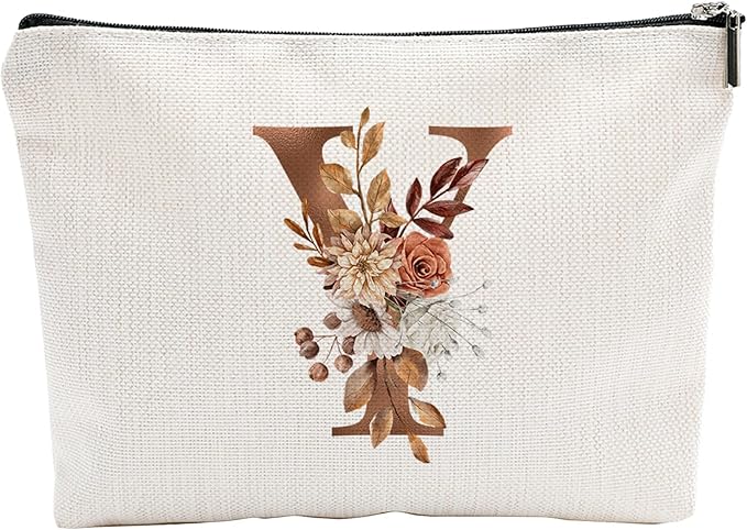 A-Z Boho Personalized Cosmetic Bag-Floral Cotton Letter Makeup Bag With Zipper-Artistic Cosmetic Bag For Travel-Bride,Birthday Gift For Women Daughter Friends-Women Makeup Organizer-A25