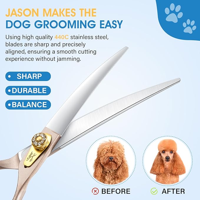 JASON 7.5" Dog Grooming Scissors - Professional Curved Shear with Ergonomic Handle Japanese 440C Stainless Steel Pet Scissor with Diamond Screw for Dogs, Cats and Other Animals Christmas Gift