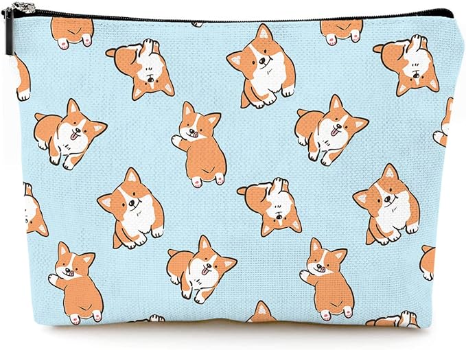 Cute Makeup Bag for Purse Canvas Waterproof Funny Cosmetic Bags for Women Zipper Travel Toiletry Pouch-Corgi Makeup Bags