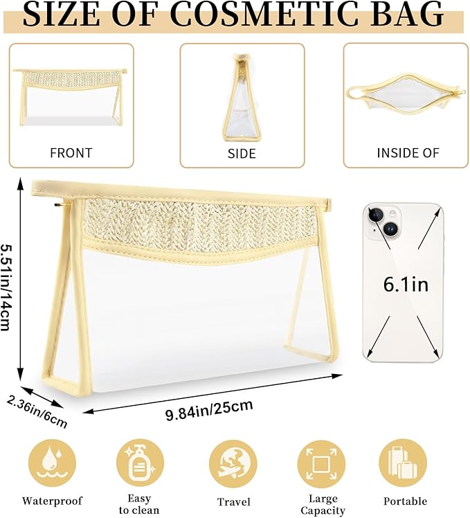 Small Boho Straw Clear Makeup Bags for Women&Girls, Zipper Cosmetic Bag Chenille Varsity Letter Patch Bag, Preppy Cute Toiletry Pouch, Trendy Organizer Storage Pouch for Beach Travel Essentials