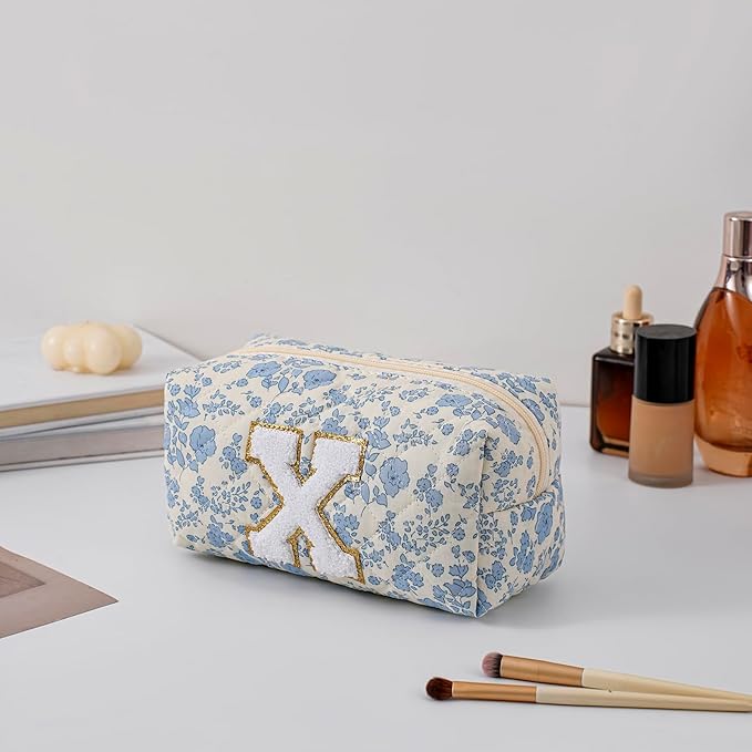 JOVAKIT Alphabet Makeup Bag Cosmetic Bag for Women, Christmas Gifts for Girls Age 6-18, Floral Flowers Coquette Travel Toiletry Zipper Make Up Pouch Organizer Trendy Stuff (Blue Floral X)